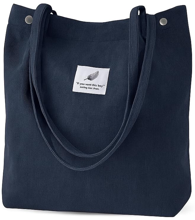 Lyrovo Women Corduroy Shoulder Tote Bag for Work Beach Travel and Shopping Grocery (Navy Blue)