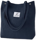 Lyrovo Women Corduroy Shoulder Tote Bag for Work Beach Travel and Shopping Grocery (Navy Blue)