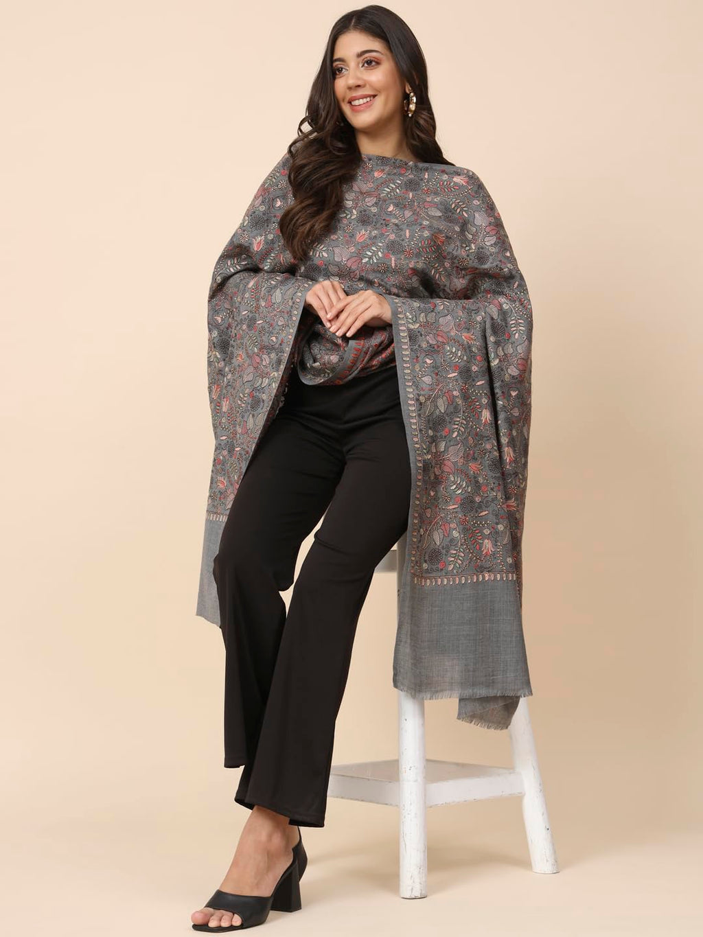 Pashmoda Women Gilkaari Pure Wool Embroidered Shawl (Size 101X203 CM)