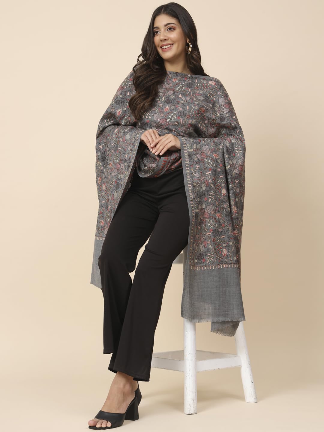 Pashmoda Women Gilkaari Pure Wool Embroidered Shawl (Size 101X203 CM)