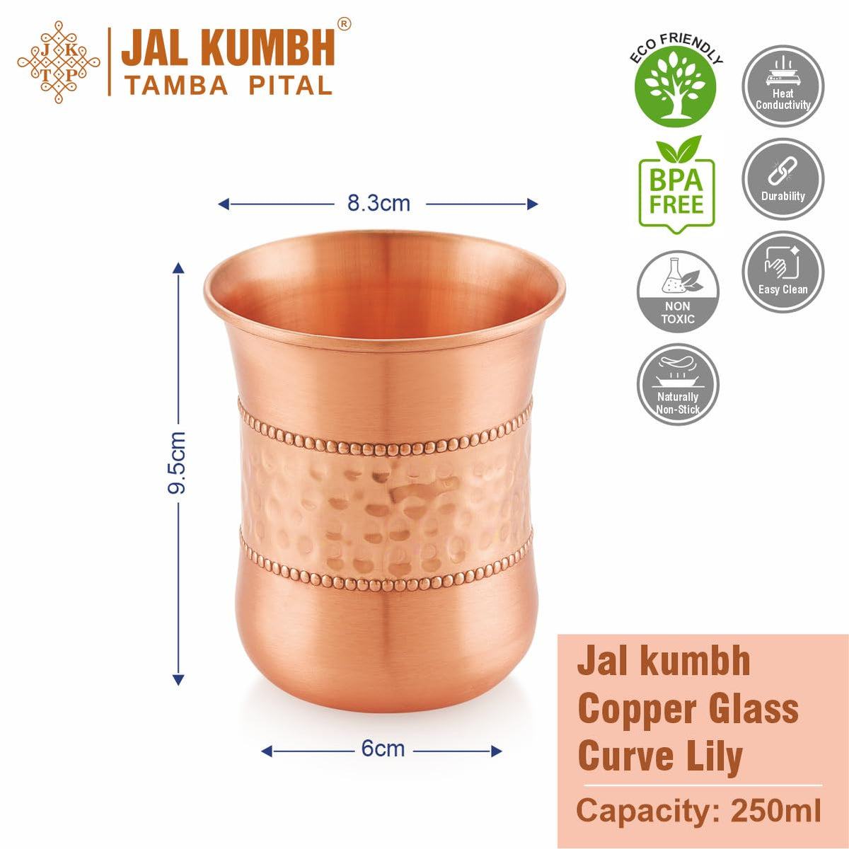 Jalkumbh Pure Copper Glasses Curve Lily Water Glass Pure Tamba Glass for Drinking & Serving Water Tumbler-300 ML
