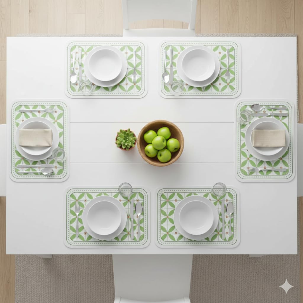 TheTableTales Premium Faux Leather Dining Placemat Set of 6 | Modern Green Geometric Leaf Table Mat | Waterproof Heat Resistant Washable Non-Slip Place Mats for Kitchen Dining Table Home Restaurant Kafalo