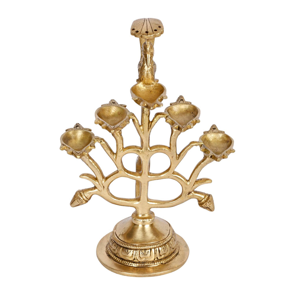 Artvarko™ Peacock Bird Design 5 Oil Wick Brass Diya Aarti Diya with Handle Decorative Puja Accessory, Camphor Burner lamp Aarti for Navratra, Diwali Gifts Home Decor 8.5 Inches.
