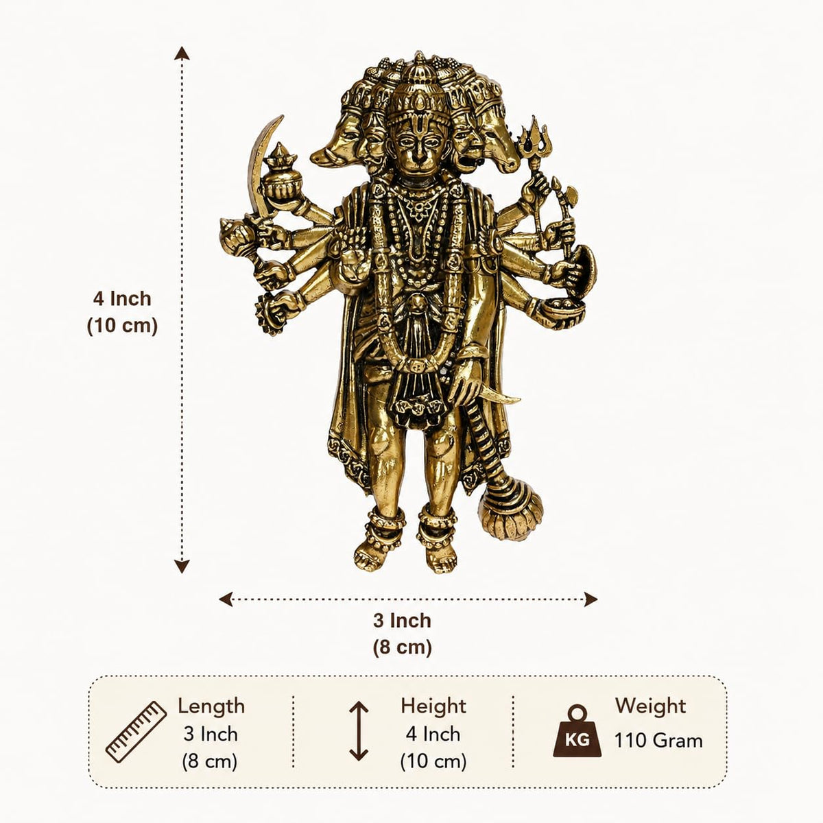 ARTVARKO Brass Panchmukhi Hanuman | Wall/Door Hanging Home Entrance Idol God | (Five Faced) Bajrangbali Sankat Mochan.4 Inch