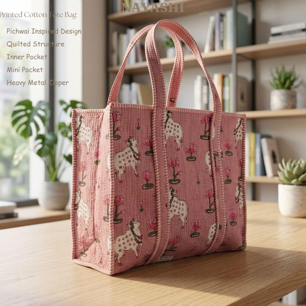 NAYASHI Big Size Printed Cotton Tote Bag | Pichwai Inspired Quilted Shoulder Bag with Inner Pocket & Heavy Metal Zipper | Reusable Shopping, Travel & Daily Use | Cool Pink | 18 x 18 Inches