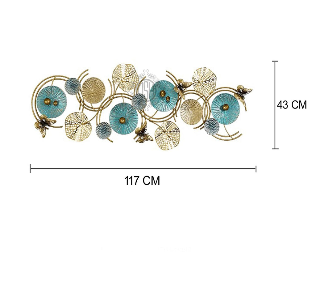 DSH CRAFTING YOUR CURIOSITY Metal Wall Art Lotus Leaves Wall Hanging Wall Decor Sculpture (46 X 17 Inch) For Home Hotel Restauran Decoration (16-BUTTERFLY-BLUgold)