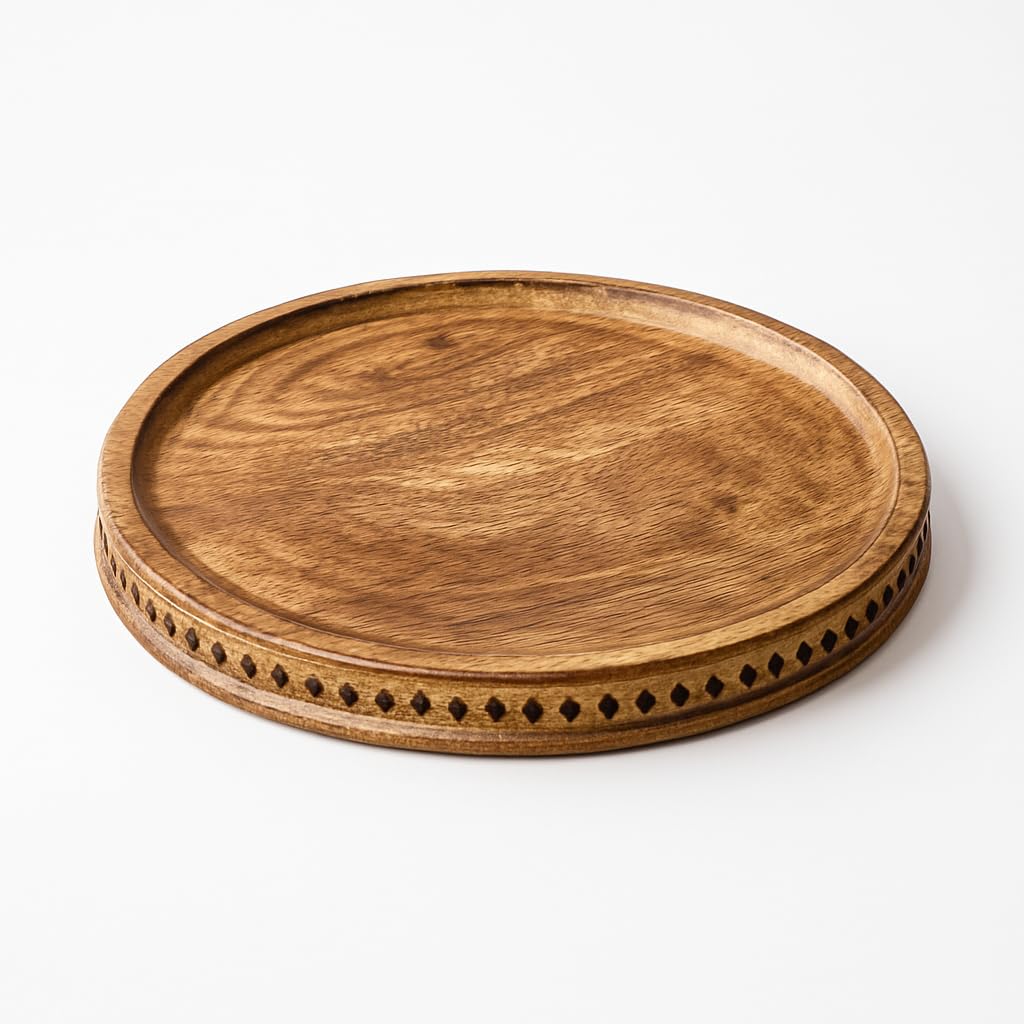 CRAFTYKART Round Wood Serving Tray, Rustic Nesting Trays Stackable Platters for Serving Cakes, Pastries, Snacks, Breakfast,Decorative Wooden Beaded Tray 10 inches Centerpiece for Dining & Coffee Table
