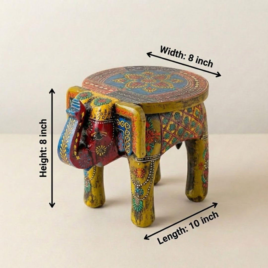 ATRANGI STUDIO Mehendi Green Handpainted Wooden Elephant Stool Cum Showpiece | Mango Wood Traditional Multipurpose Stool for Living Room Decor & Mandir | Perfect for Plant Stand | 8x8x10 inch