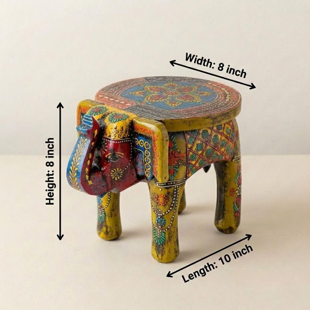 ATRANGI STUDIO Mehendi Green Handpainted Wooden Elephant Stool Cum Showpiece | Mango Wood Traditional Multipurpose Stool for Living Room Decor & Mandir | Perfect for Plant Stand | 8x8x10 inch