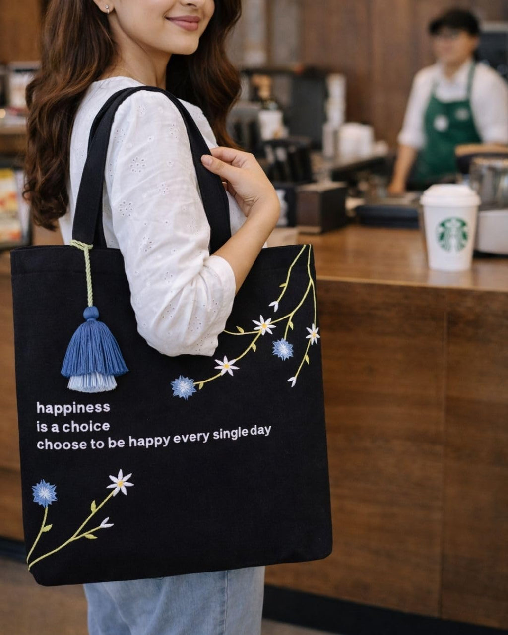 MASQ Premium ToteBag for Women with Zipper | Embroidered Foldable Shoulder Bag with Multiple Pockets | Spacious Handbag for College & Office | Eco-Friendly & Reusable