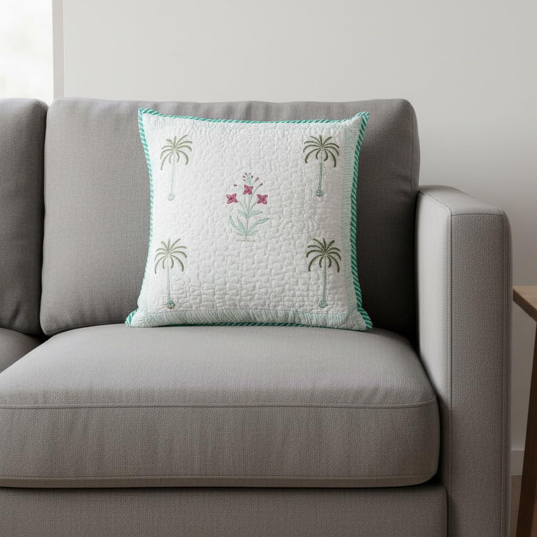 HOMEMONDE Premium Cotton Cushion Covers Pack of 1 - Soft Floral Hand Block Print Living Room 24 x 24 Inch Square Pillow Cases, Green-300 TC