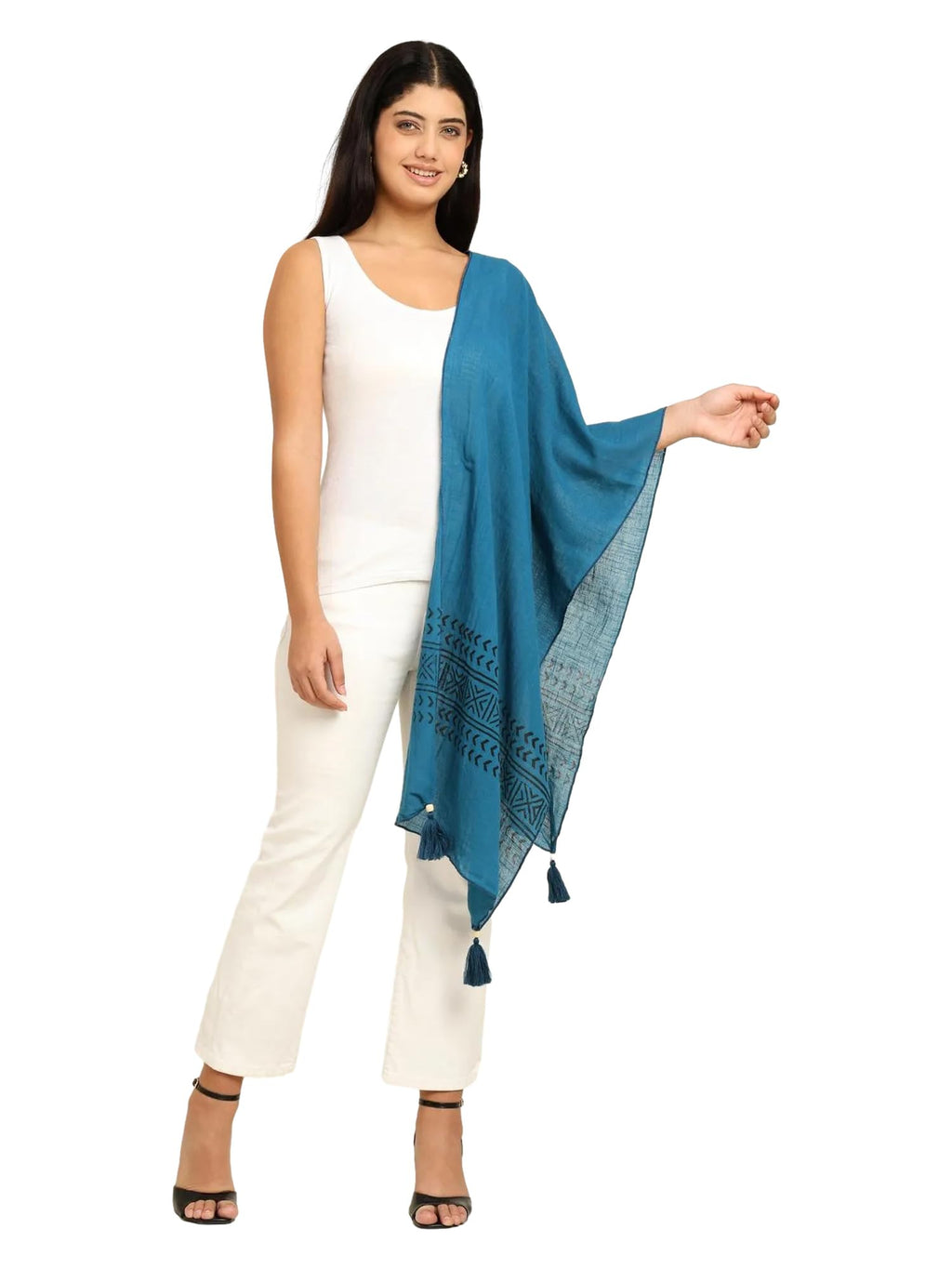 KE KANHA EXPORTS Stole for Women | Cotton Scarf for Women Stylish Boho Block Print Border with Tassels | Soft Lightweight Summer Beach Head Wrap | 180 x 50 cm