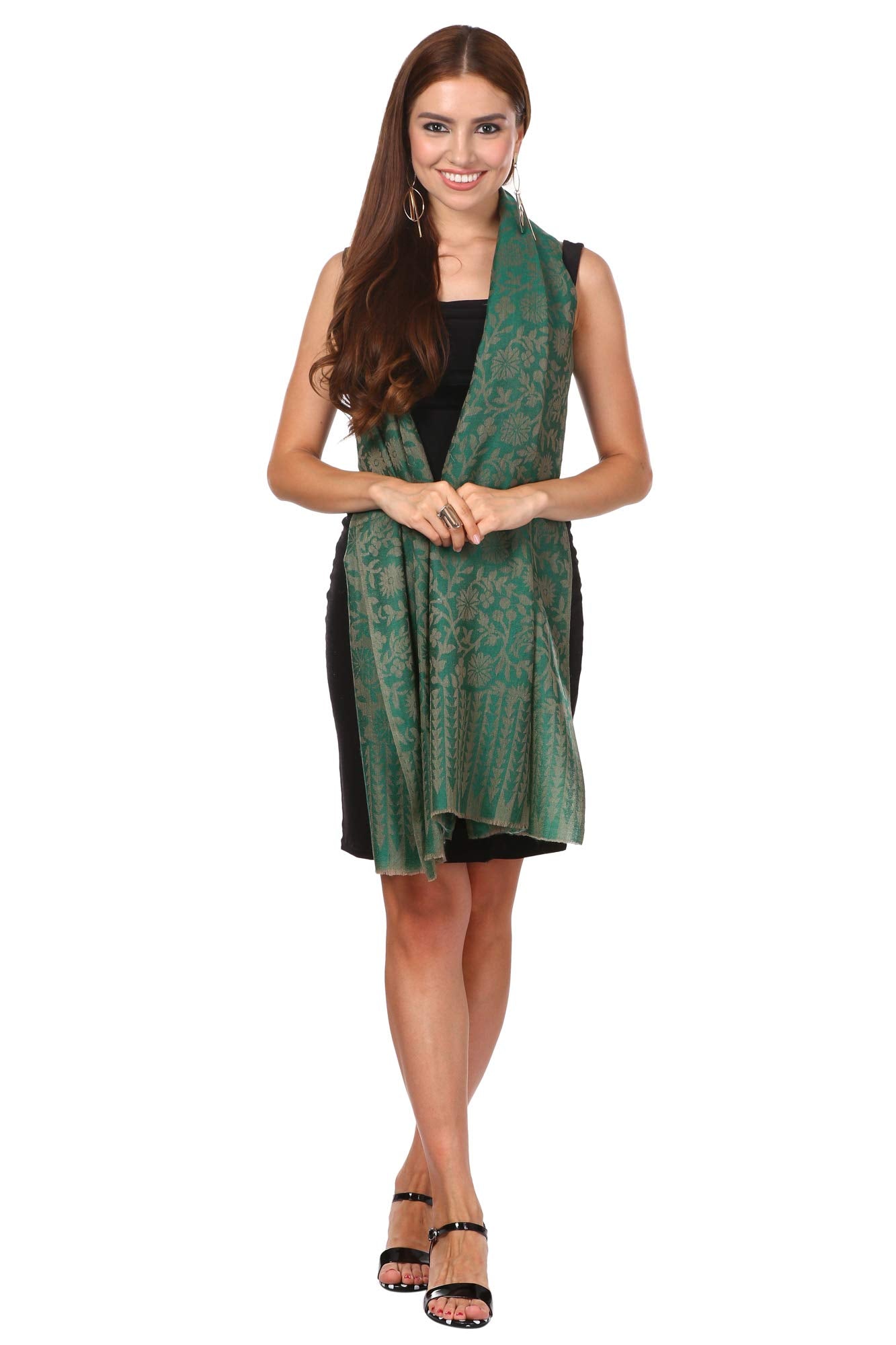 Pashtush Women's Fine Wool Jacquard Fine Wool Blended Luxury Floral Design Soft and Warm Scarf/Stole (Emerald Green, Free Size)