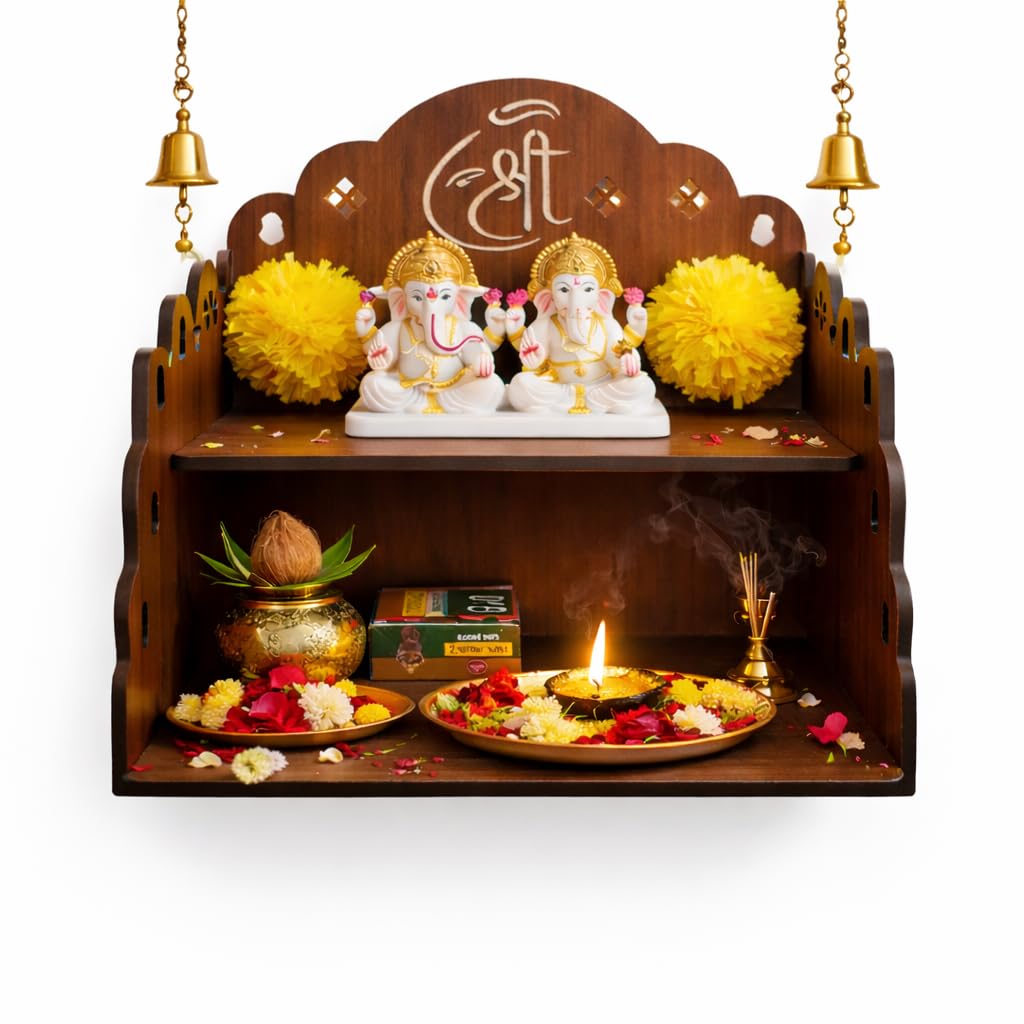 Bindian Wooden Pooja Mandir for Home Wall Mounted | Wooden Table Top God Temple | Pooja Stand for Home | Puja Mandir | Puja Unit for House | Temple for Office (Temple 5)