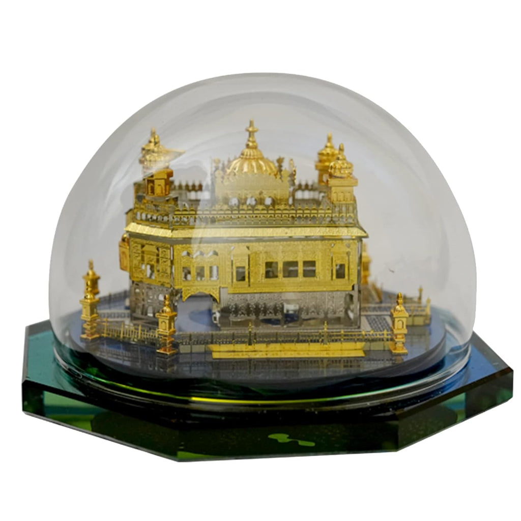 APEROL DESIGN Golden Temple Idol – Pack of 3 Miniatures Under Glass Dome | 24K Gold Plated Decorative Showpiece for Home, Office, Car Dashboard & Gifting | Size: 9×8×7.5 cm Each