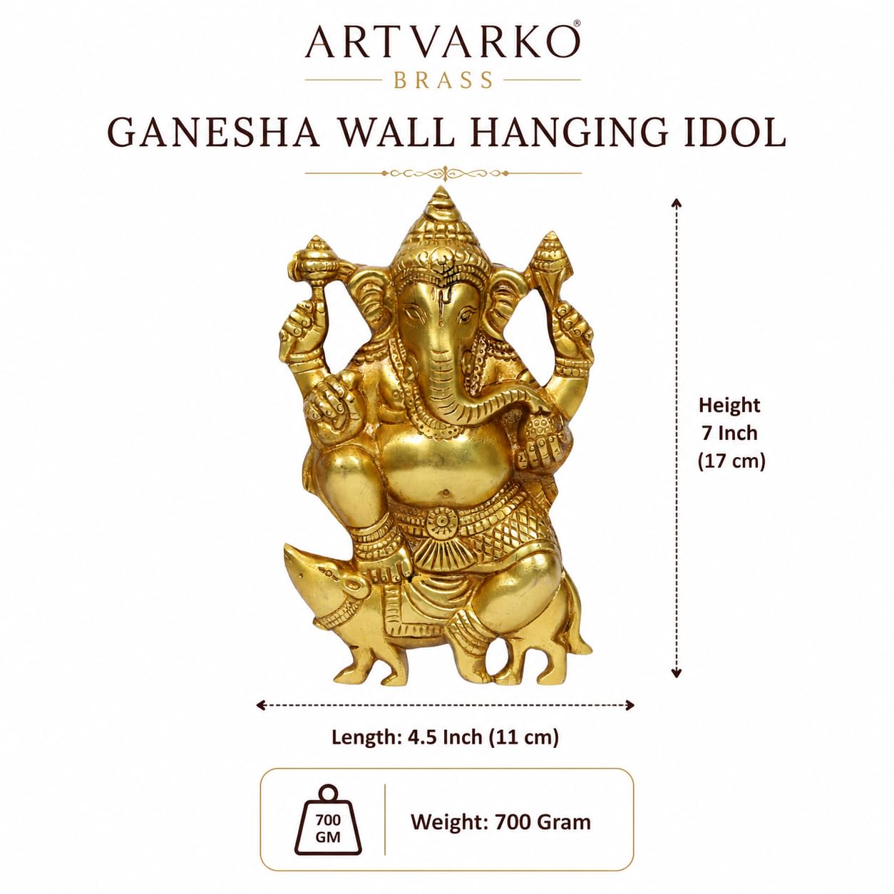 Artavrko Brass Ganesha Murti Ganesh Wall Hanging Idol Mangalkari Ganpati Sitting on Mooshak Statue for Home Entrance Height 7 Inch