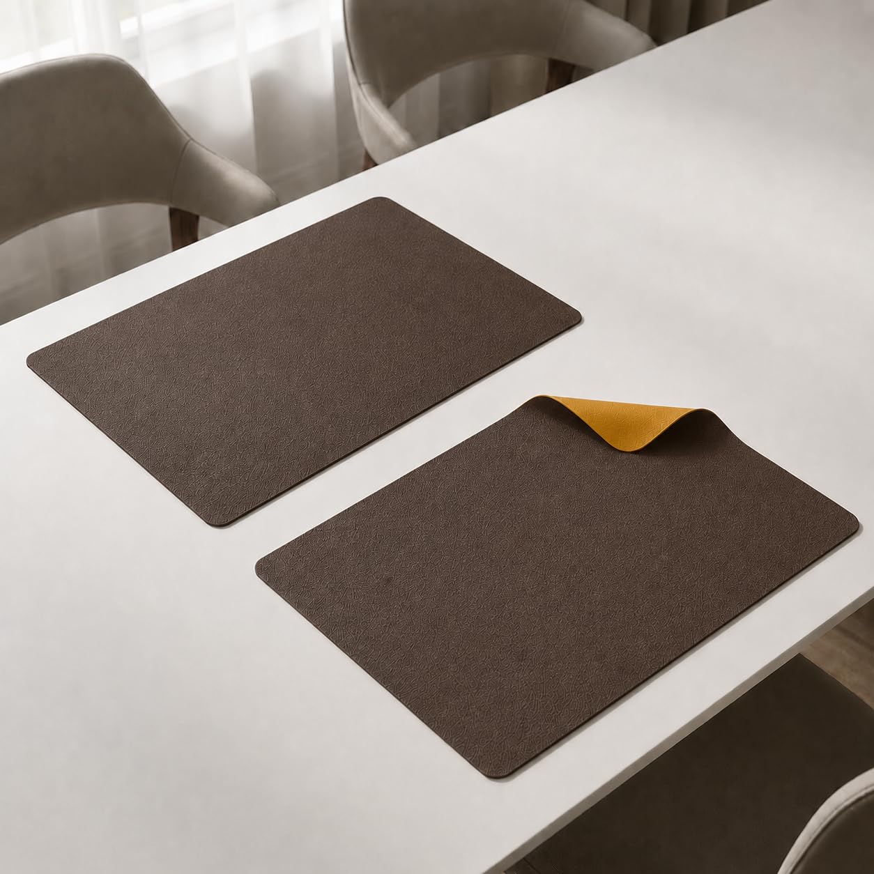 The Table Tales Premium Double-Sided PU Leather Placemat Set of 2 | Reversible Waterproof Heat Resistant Table Mats | Kitchen Dining Accessories | 45 x 30 cm (Brown & Turmeric) Kafalo