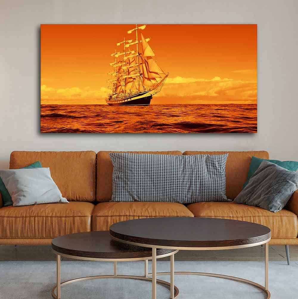 VIBECRAFTS Canvas Paintings for Living Room Drawing Room Sailing Ship in a Beautiful Golden Hour Premium Wall Painting Fitted with Wooden Frame for Home|Office|Gift(PTVCH_2261)(48 x 24 Inches)
