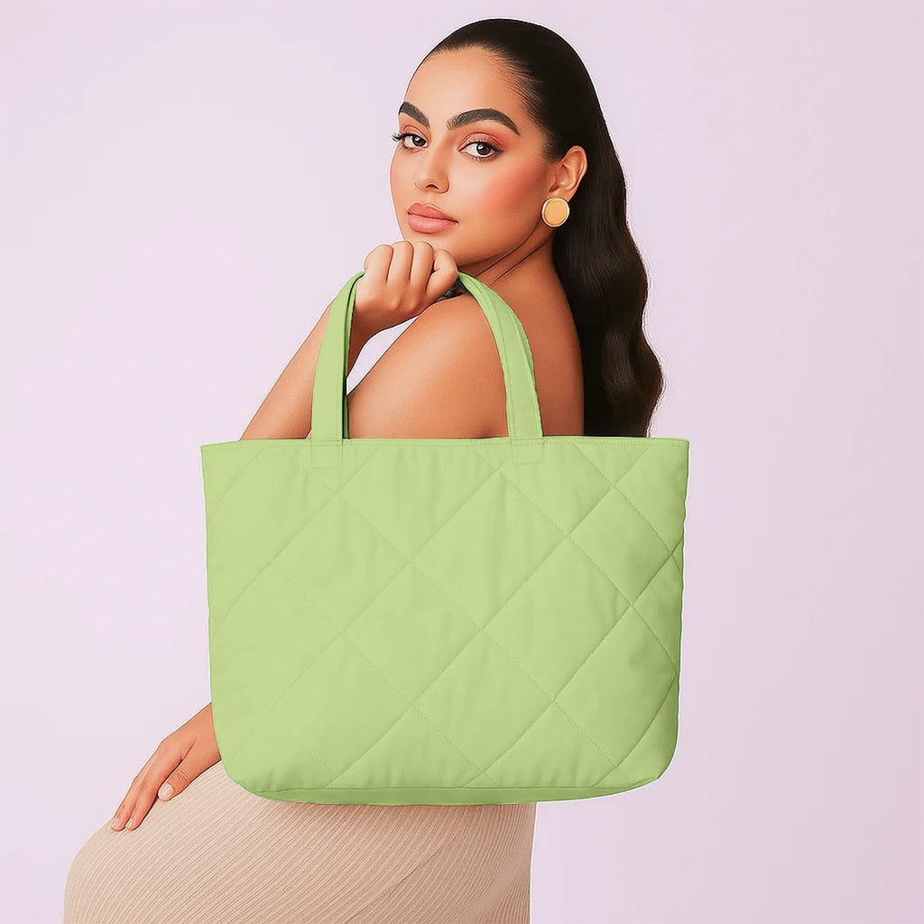 Mahaveer Cotton Quilted Waterproof Tote Bag | 15x15 Inch Large Shopping & Grocery Tote | Open-Top Classic Carry Bag for Daily Use | Multi-Purpose Reusable Handbag for Women, Sage