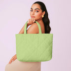 Mahaveer Cotton Quilted Waterproof Tote Bag | 15x15 Inch Large Shopping & Grocery Tote | Open-Top Classic Carry Bag for Daily Use | Multi-Purpose Reusable Handbag for Women, Sage