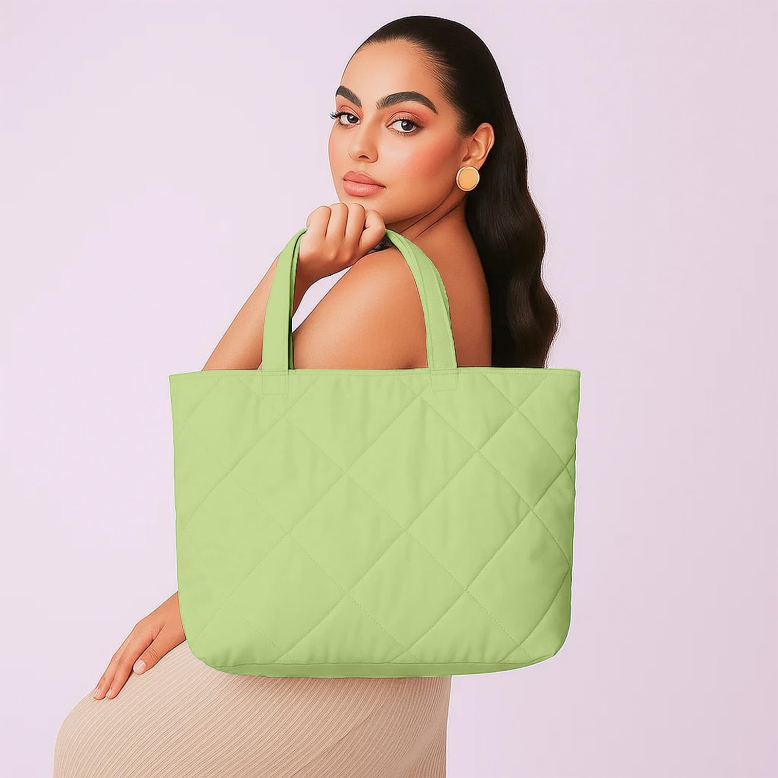 Mahaveer Cotton Quilted Waterproof Tote Bag | 15x15 Inch Large Shopping & Grocery Tote | Open-Top Classic Carry Bag for Daily Use | Multi-Purpose Reusable Handbag for Women, Sage