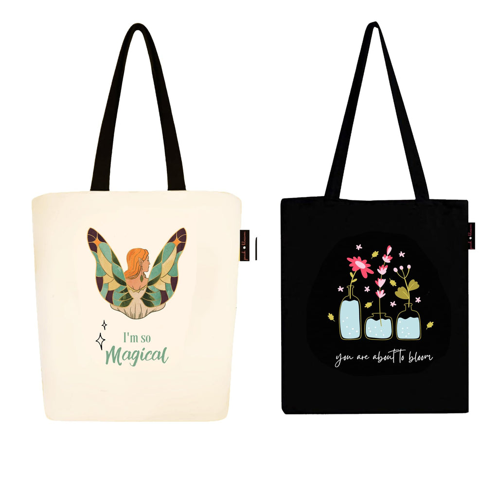 Peach Blossom Tote Bags With Zip, 100% Cotton Shopping/Grocery Bag, Multi-Purpose Canvas Bag 5kgs Capacity, Single Pack (Cbag_ZIP_WhiteMagical_BlackBotleFlowr)
