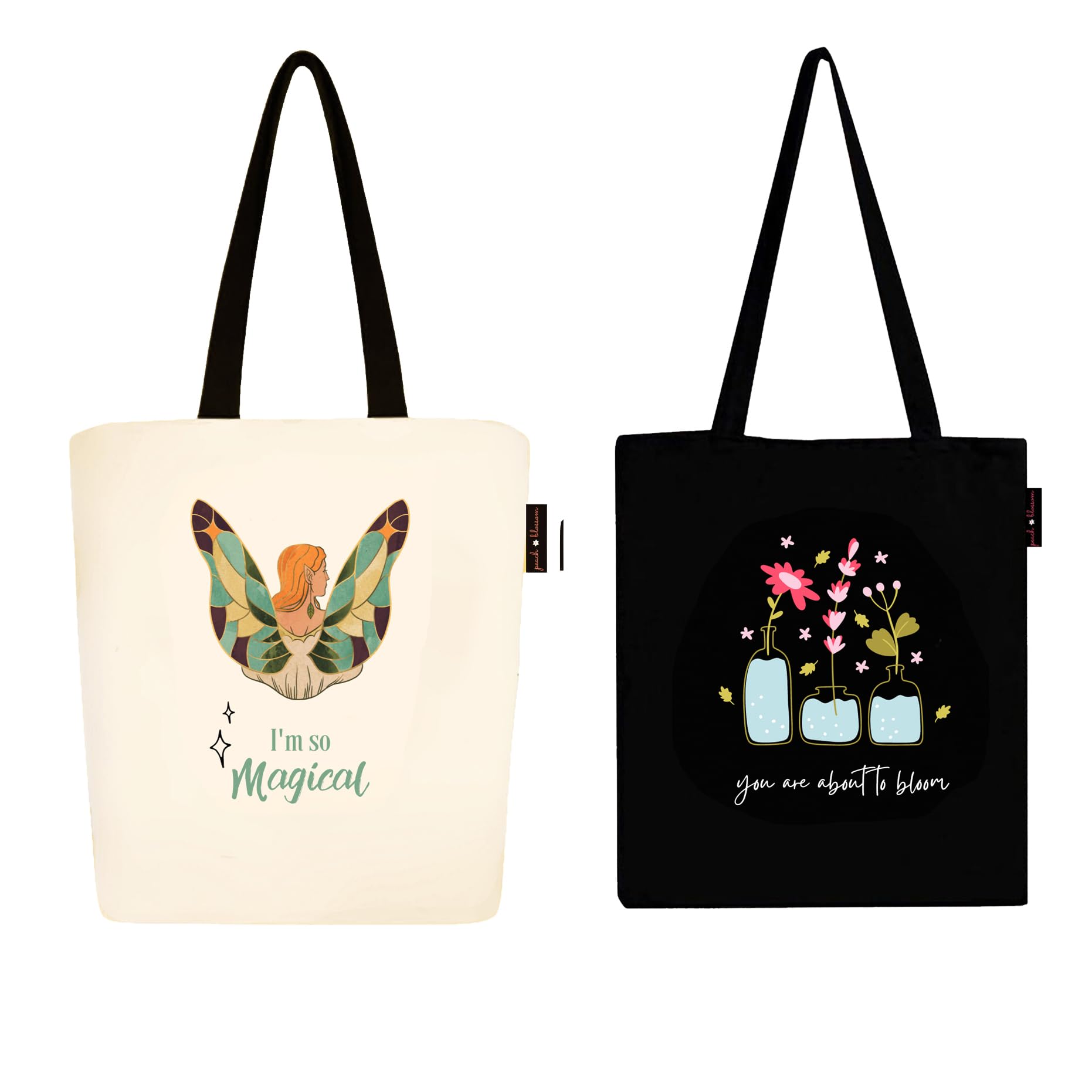 Peach Blossom Tote Bags With Zip, 100% Cotton Shopping/Grocery Bag, Multi-Purpose Canvas Bag 5kgs Capacity, Single Pack (Cbag_ZIP_WhiteMagical_BlackBotleFlowr)