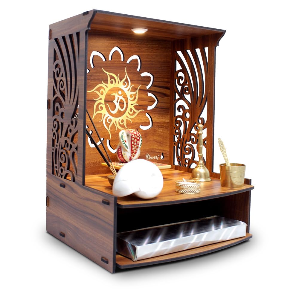 Heartily® Laabh Beautiful Wooden Pooja Stand for Home Temple and Office Puja Mandir - Wall Mounted with LED Spot Light - Size (H- 15.5, L- 11.5, W-11 in)