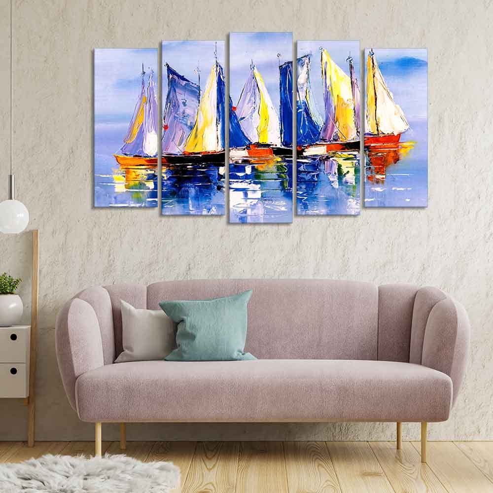 VIBECRAFTS Boats in Ocean Canvas Wall Painting of Five Pieces For Home|Office|Living Room|Gift (PTVC5Pcs2_6532)