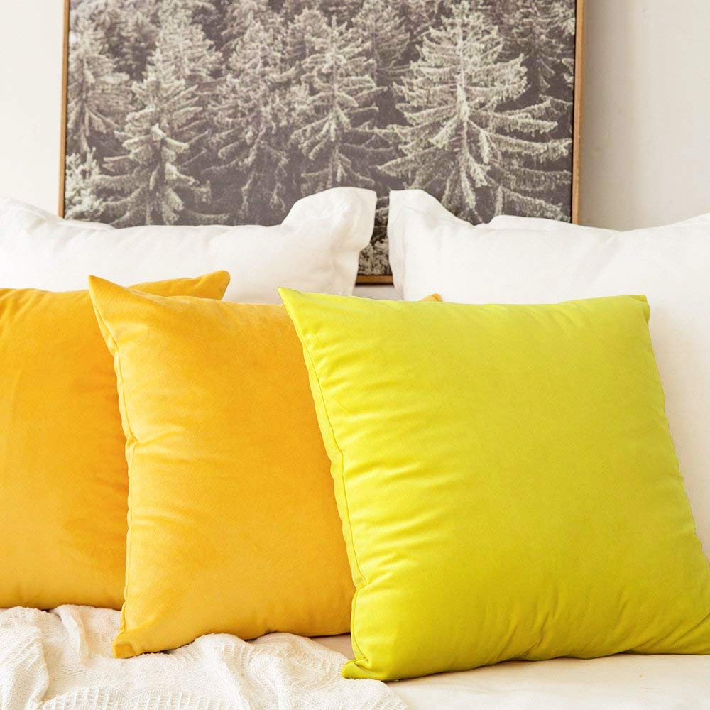 Khooti Velvet Cushion Cover, 14x14 | Lemon Yellow | Pack of 5 | Solid Plain Soft & Smooth, Decorative Cushion Covers for Living Room, Bedroom, Couches, Chairs, Sofas, Beds & Home Decor