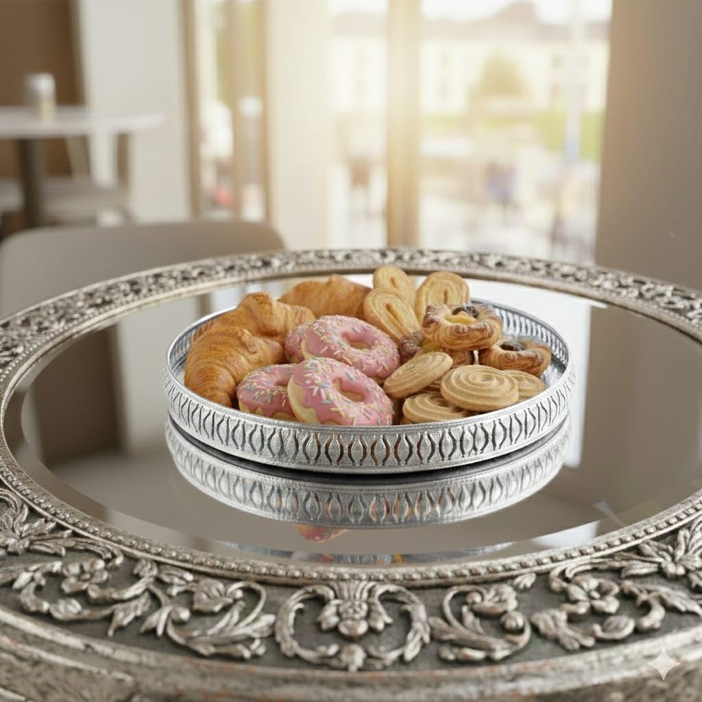 R Ayurveda Copper Decorative Round Silver Plated Metal Tray – 8 Inch Small Serving Tray for Kitchen, Dining Table, Coffee Table & Home Decor | Elegant Wedding & Housewarming Gift