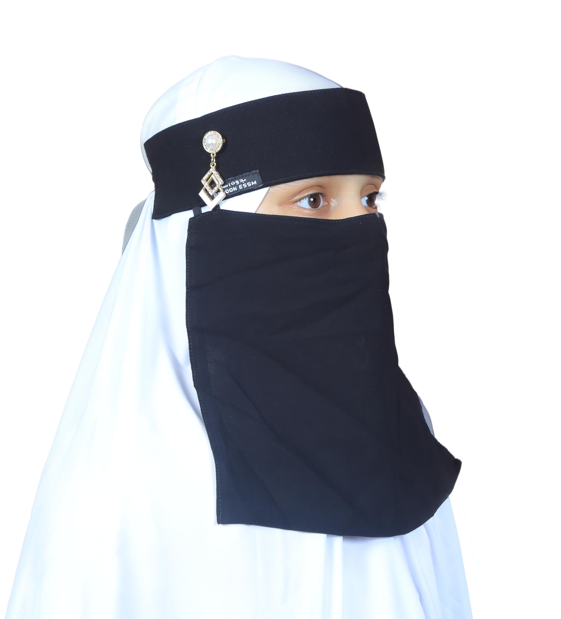 AL RIDHA Women's Babussalam Fabric Fashion Nosepiece One‑Layer Half Hijab Pendant Design Saudi Niqab for Muslim Women and Girls, Black (Diamond Drop Pendant)