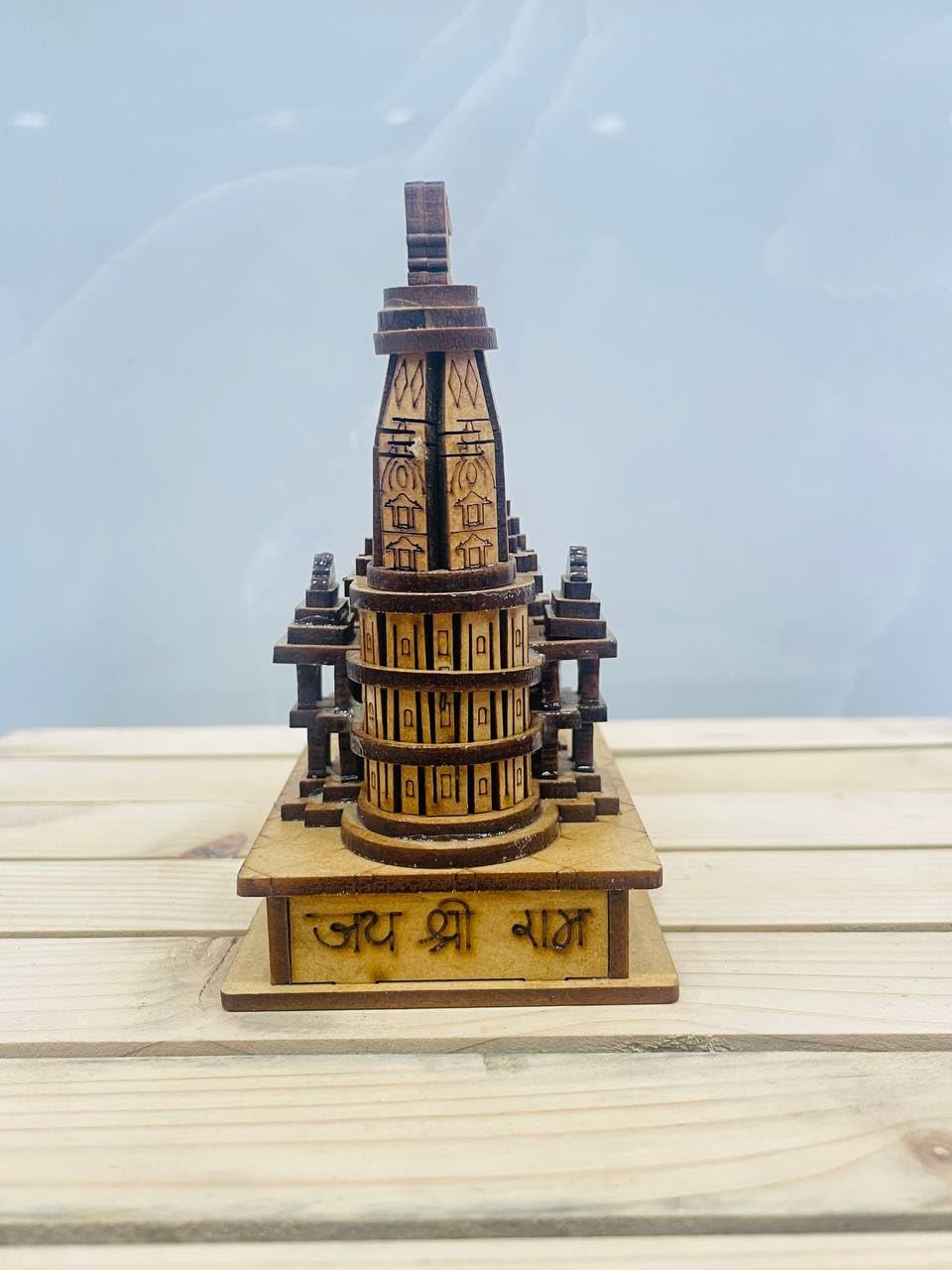Generic Shri Ram Mandir Replica, Handcrafted Brown Wooden Temple Sculpture