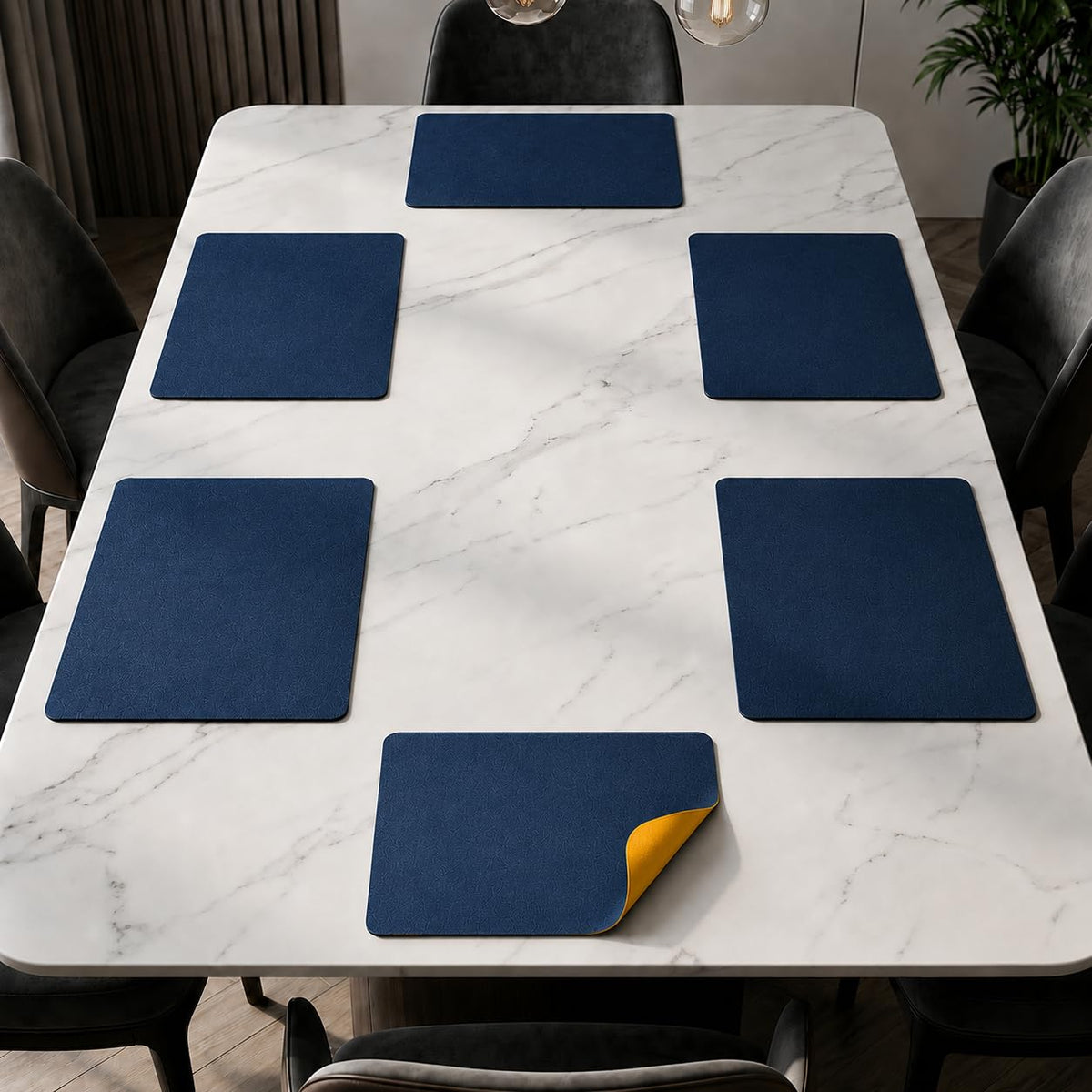 The Table Tales Premium Double-Sided PU Leather Placemat Set of 6 | Reversible Waterproof Heat Resistant Table Mats | Kitchen Dining Accessories | 45 x 30 cm (Navy Blue & Yellow) Kafalo