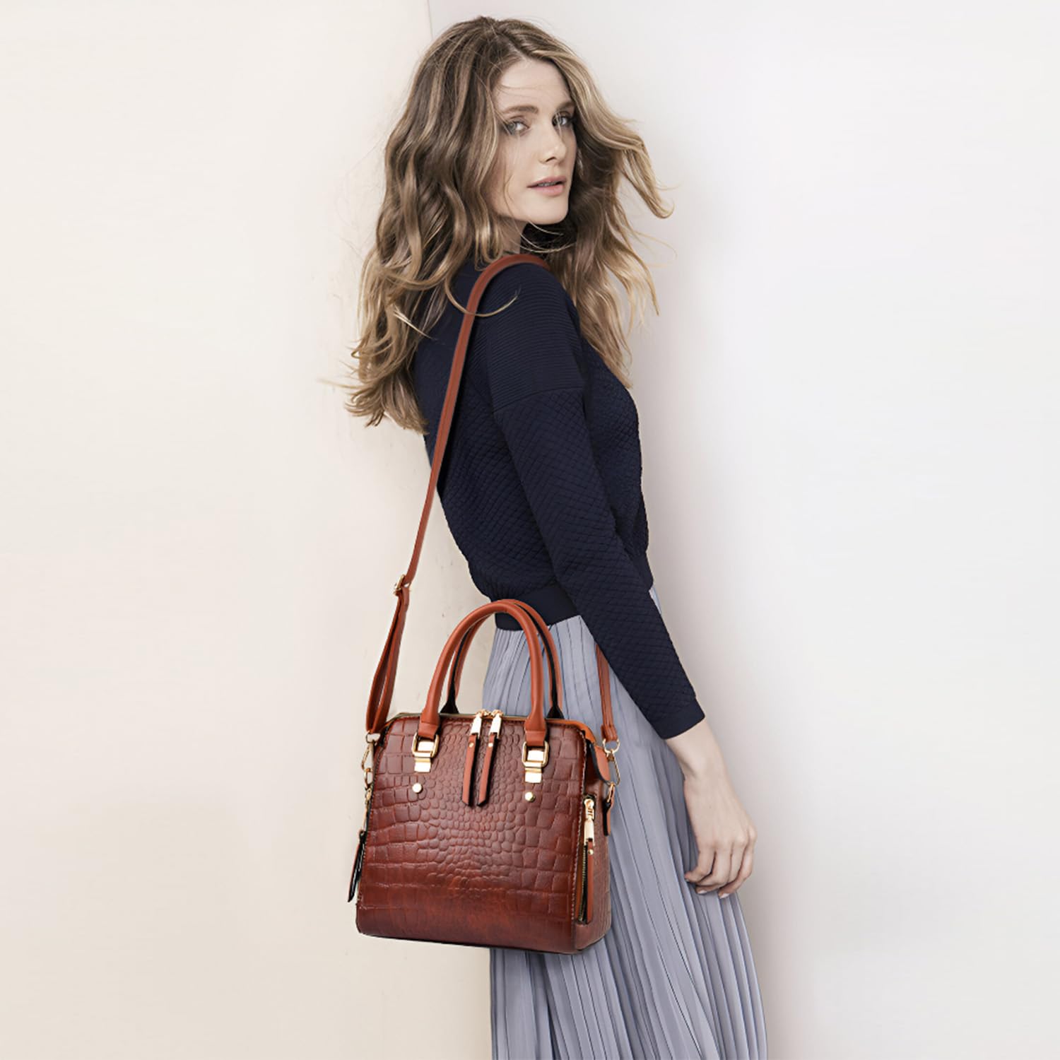 SYGA Women Elegant Crocodile Pattern Shell Handbag –Tote with Adjustable Strap (Brown)