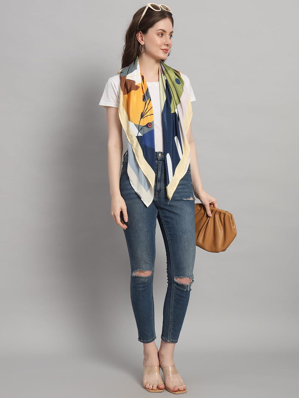 Ravaiyaa - Attitude is everything Women's Crepe Silk Digital Print Large Square Scarf Breathable Lightweight Neckerchief Printed Headscarf 40 x 40 Inch (Yellow & Brown)