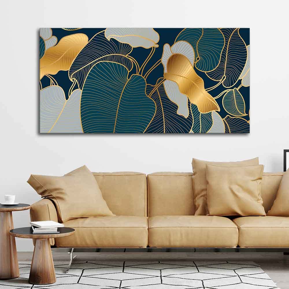 VIBECRAFTS Canvas Paintings for Living Room Drawing Room Luxury Golden Art Monstera Leaves Canvas Wall Painting Fitted With Wooden Frame For Home | Office | Living Room | Gifts (PTVCH_2508NV)
