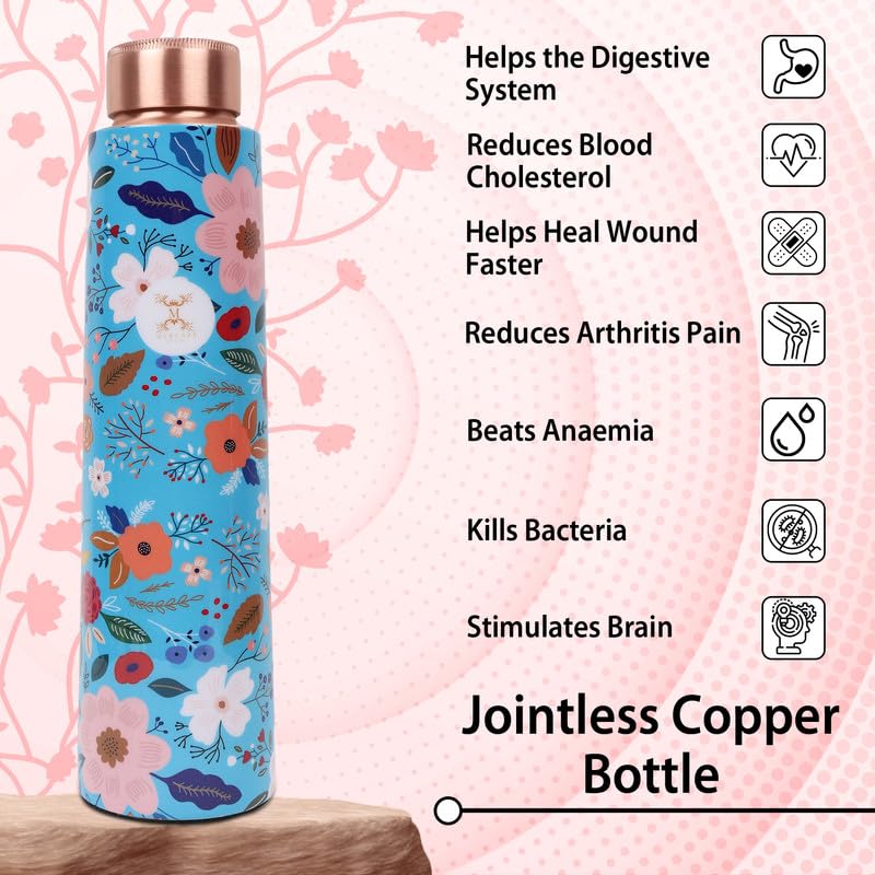 MERCAPE Pure Copper Water Bottle 900 ml | Floral Printed Designer Finish | Leak-Resistant Screw Cap | Jointless Construction | Reusable Water Bottle for Home, Office, Gym & Travel