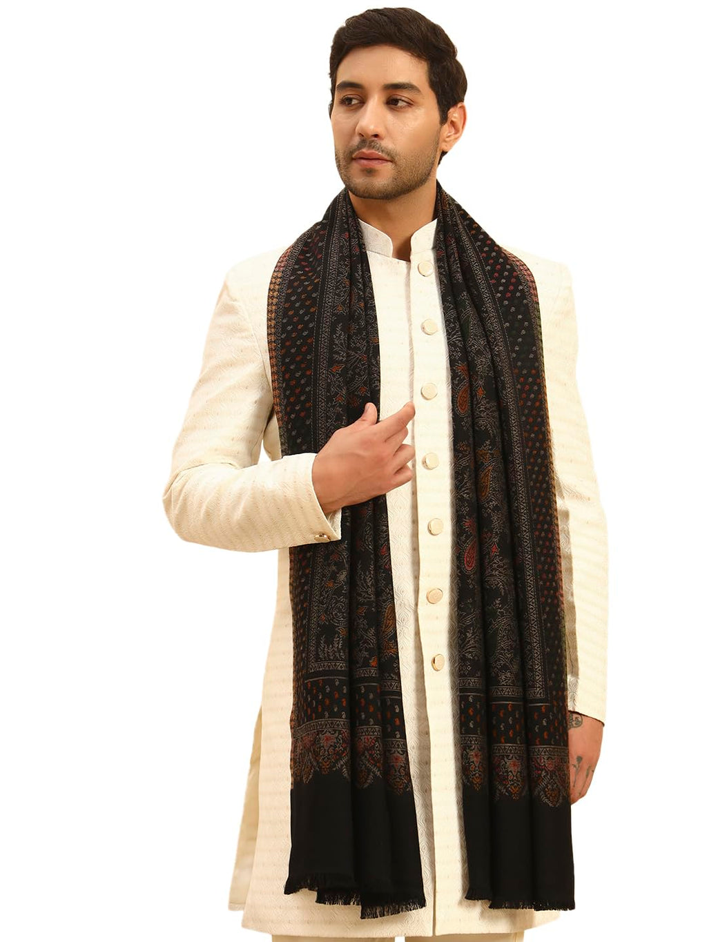 Pashmoda Men Paisley Harmony Kaani Stole, Authentic Kashmiri Luxury Pashmina Style Shawl, Stole, Small Size Gents Lohi, (Size 28x80 Inches,Black Color) MAVST10