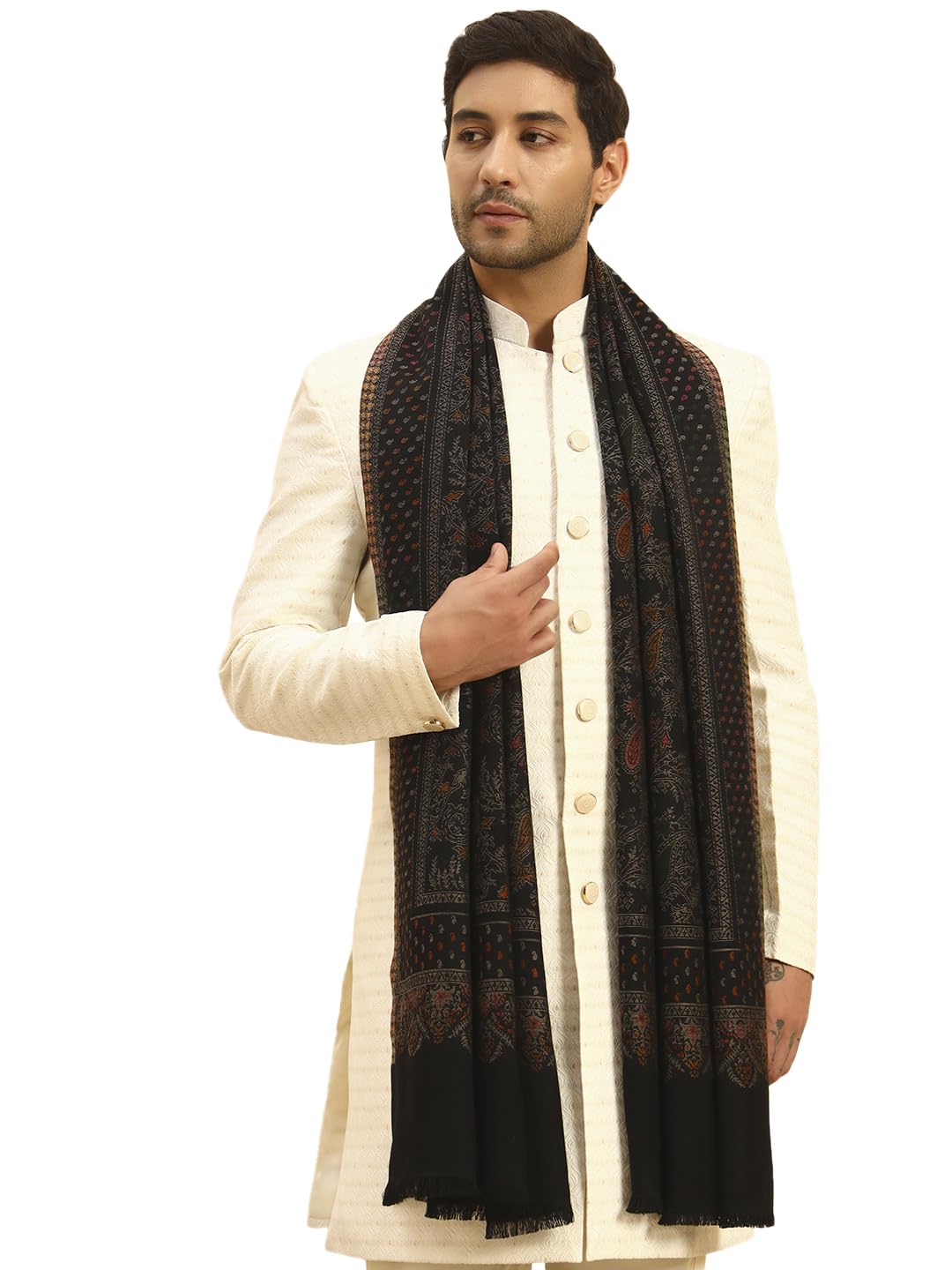 Pashmoda Men Paisley Harmony Kaani Stole, Authentic Kashmiri Luxury Pashmina Style Shawl, Stole, Small Size Gents Lohi, (Size 28x80 Inches,Black Color) MAVST10