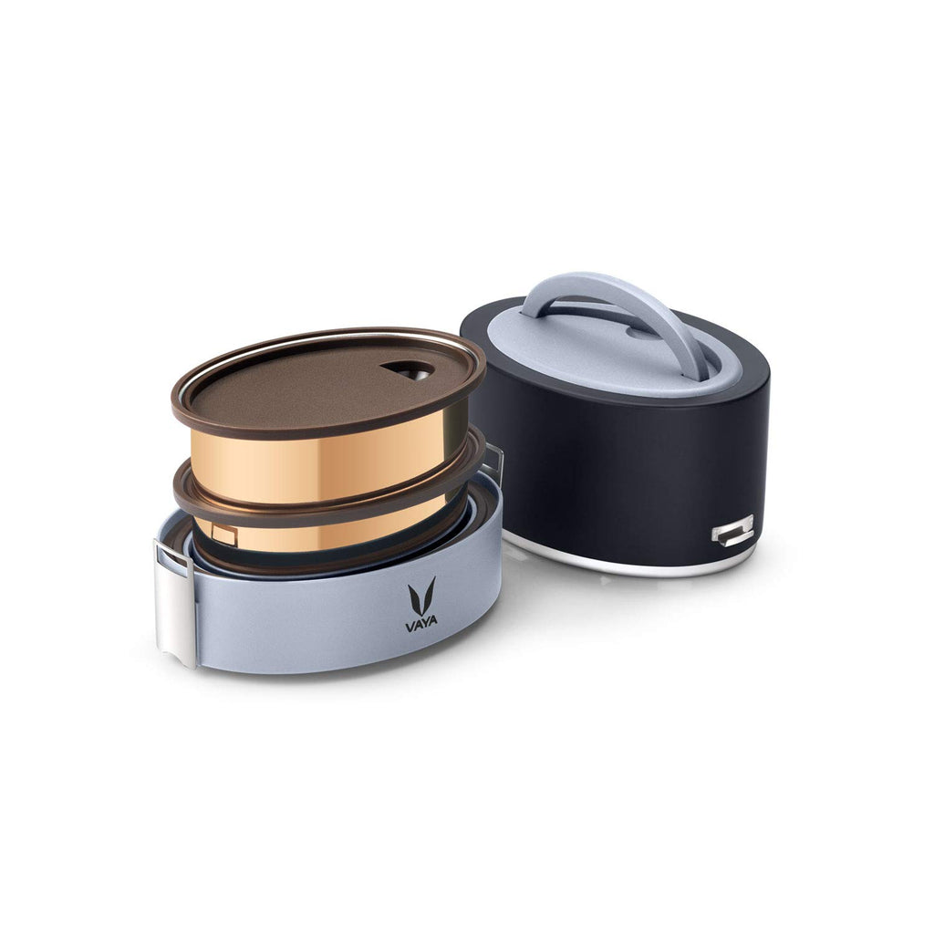 VAYA TYFFYN Lunch Box for Kids for School,Copper Finished Stainless Steel Tiffin Box, Insulated Tiffin Box for Office for Men, 600ml with 2 Leakproof Containers, Hot Lunch Box for Boys, Black