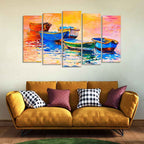 VIBECRAFTS Boats and Sunset Canvas Wall Painting Five Pieces Set of Five For Home|Office|Living Room|Gift (PTVC5Pcs2_6528)