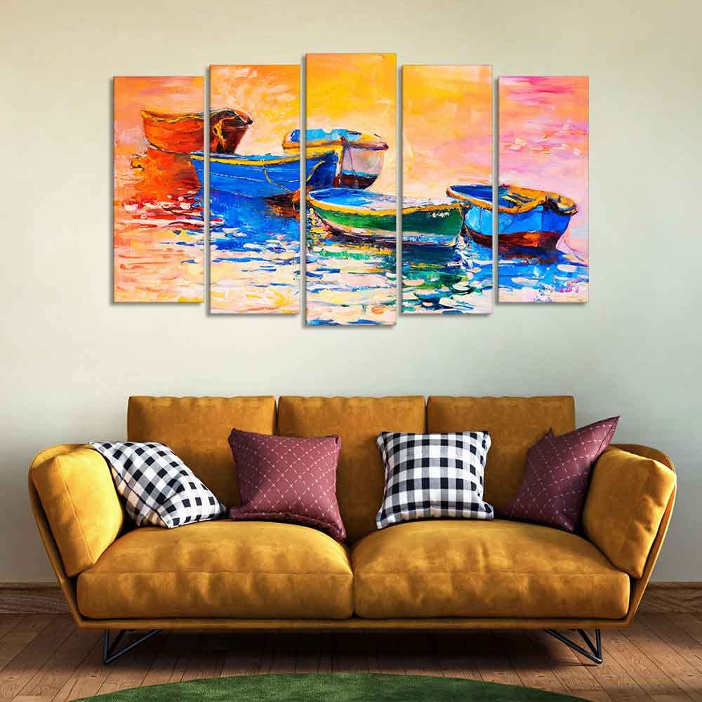 VIBECRAFTS Boats and Sunset Canvas Wall Painting Five Pieces Set of Five For Home|Office|Living Room|Gift (PTVC5Pcs2_6528)