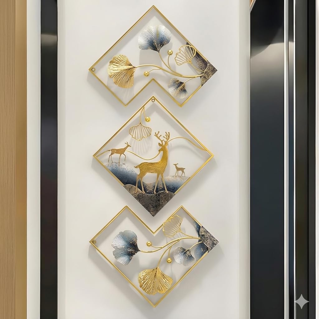 Mahira Artefacts 3D Metal Wall Art Set of 3, Golden & Blue Ginkgo Leaf and Deer Design, Geometric Diamond Sculptures for Living Room, Bedroom