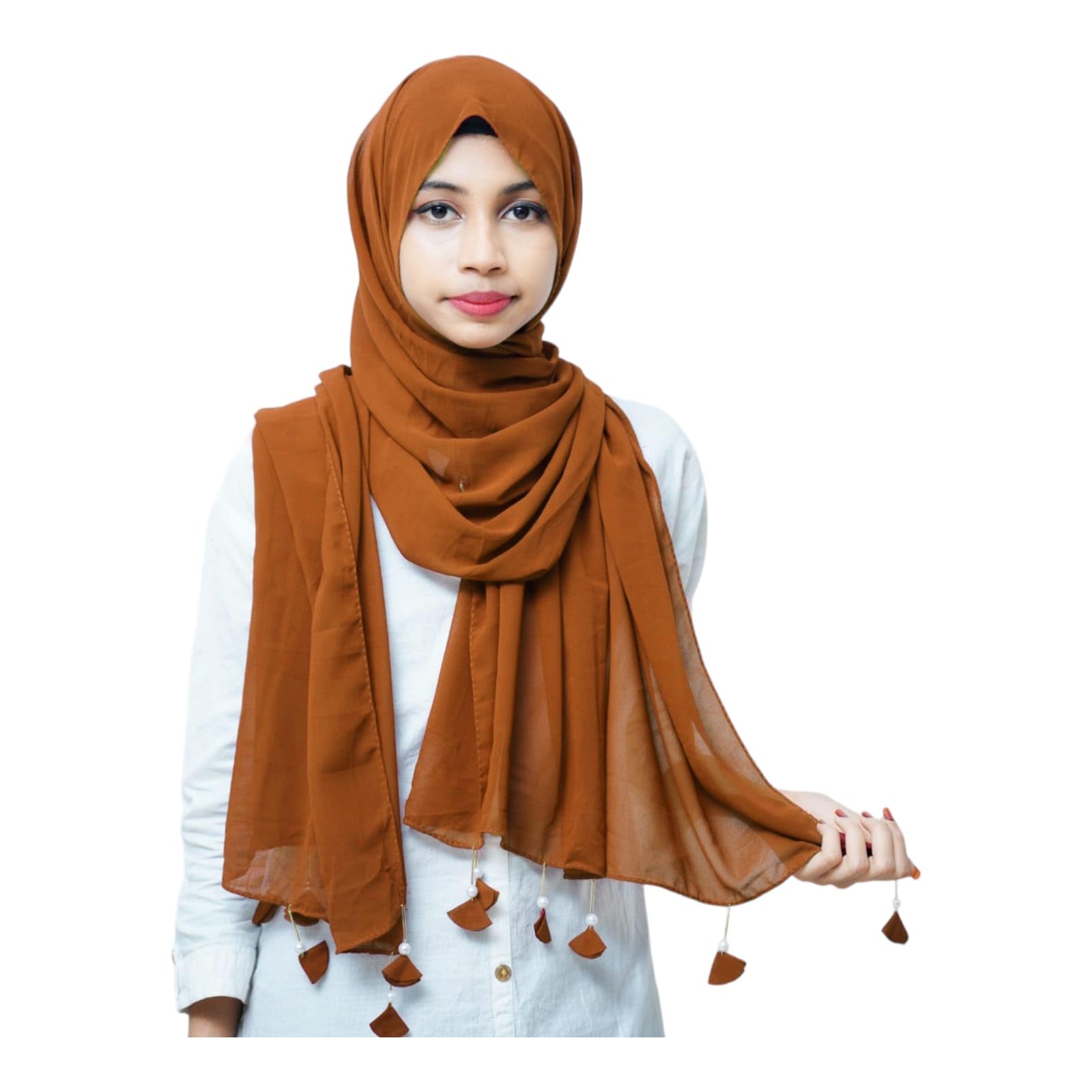 URSHIA HEART PEARL LATKAN HIJAB FOR WOMEN 80 CM BY 180 CM SCARF (BURNT ORANGE)