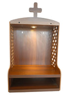 Wooden Wall Mounted Home Temple with 2W LED Light, Warm White, Prayer Shrine with Cross, Decorative Lattice Design, Storage Shelf, Brown Finish
