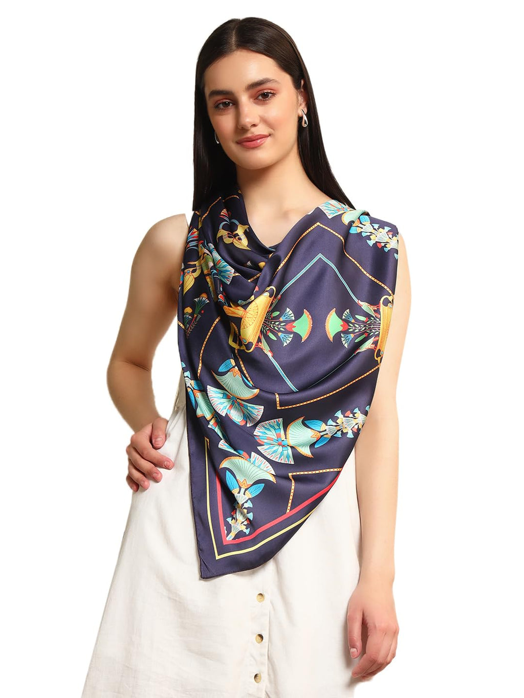 Ravaiyaa - Attitude is everything Women's Crepe Silk Digital Print Large Square Scarf Breathable Lightweight Neckerchief Printed Headscarf 40 x 40 Inch (Blue Abstract)