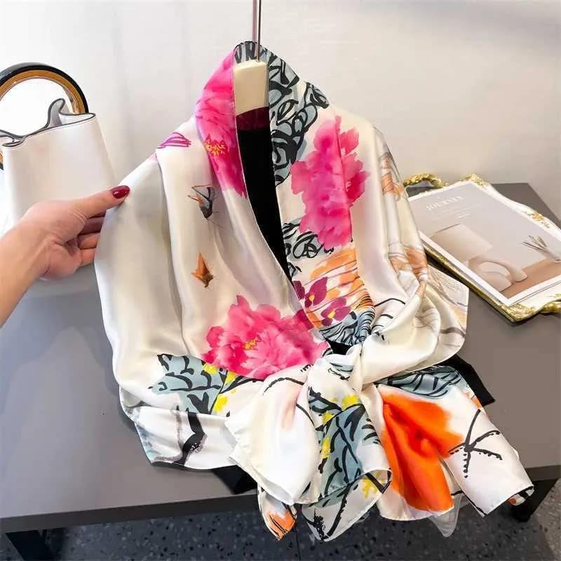 SWANKY Silk Stoles For Women Stylish Latest, Scarf for ladies & Girls, Head Neck Scarves, duppatta for girls (Orange & Pink Flower)