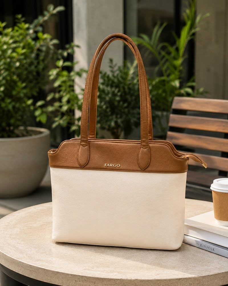 Fargo Aura Tote Bag for Women | Vegan Leather Handbag with 15-Inch Laptop Compartment, Smooth Zip | Stylish Office, College & Daily Use Tote | Made in India (Ivory)