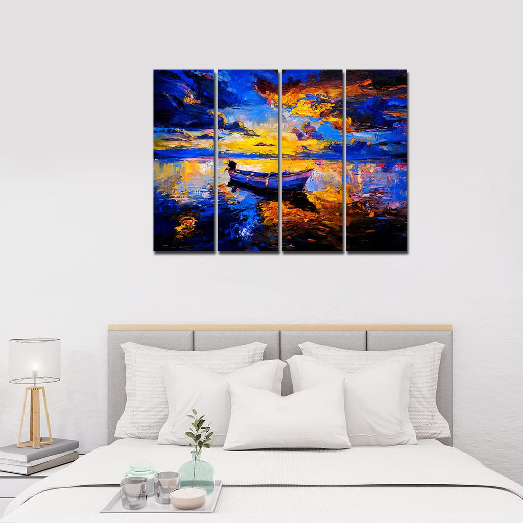 VIBECRAFTS Boat In Sunset Background 4 Pieces Canvas Wall Painting Fitted With Wooden Frame For Home | Office | Living Room | Gifts (PTVC4Pcs1_13502)